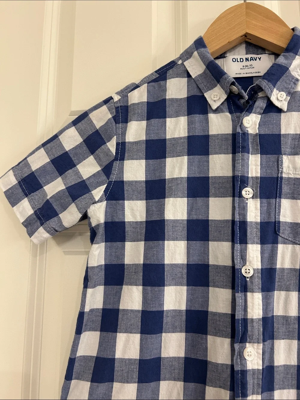 Old Navy Boys Blue White Gingham Short Sleeve Button Down Shirt Size S 6/7